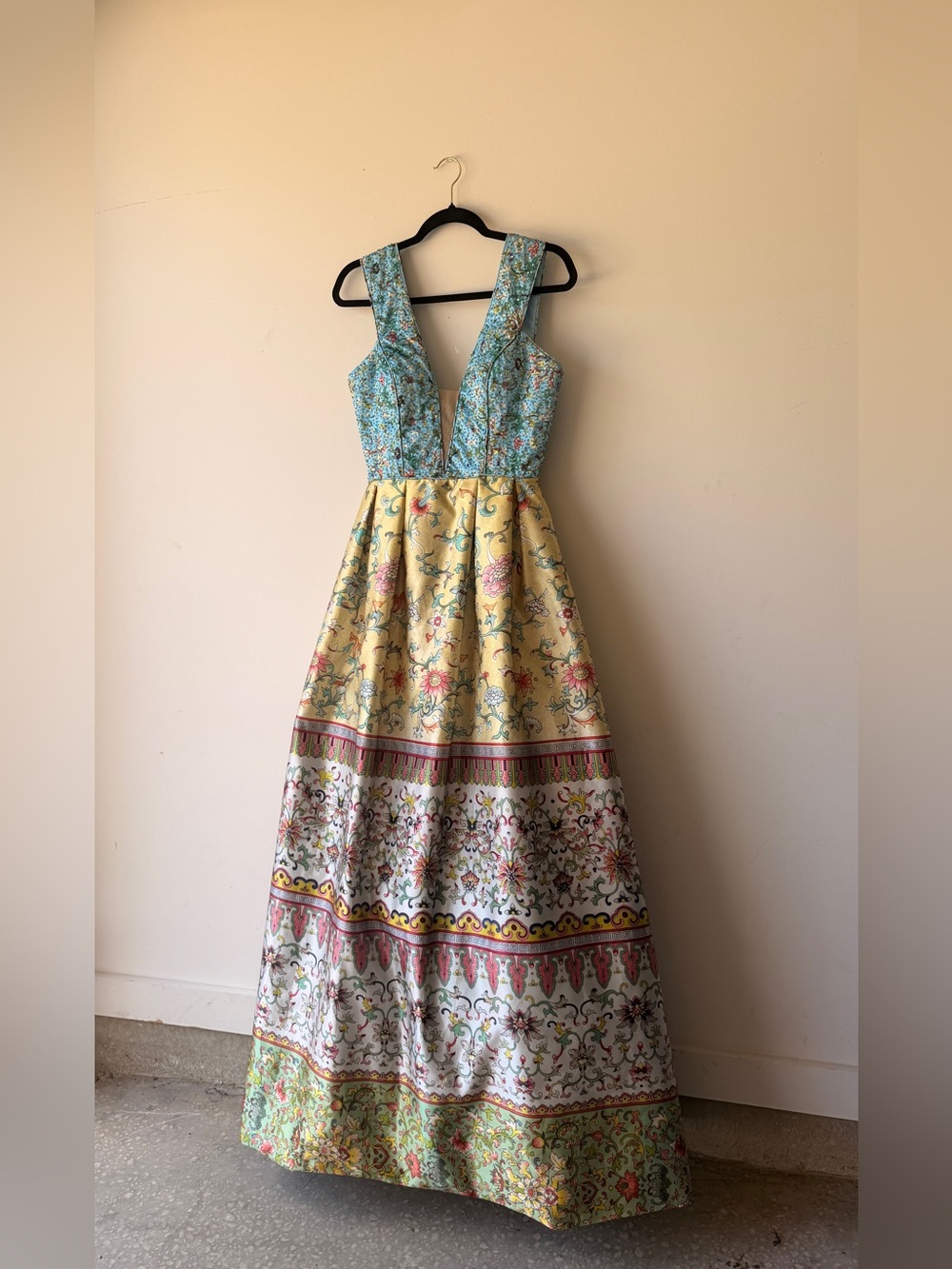 Sherri Hill Blue and Yellow Floral V-Neck Prom Gown - Picture 2 of 8